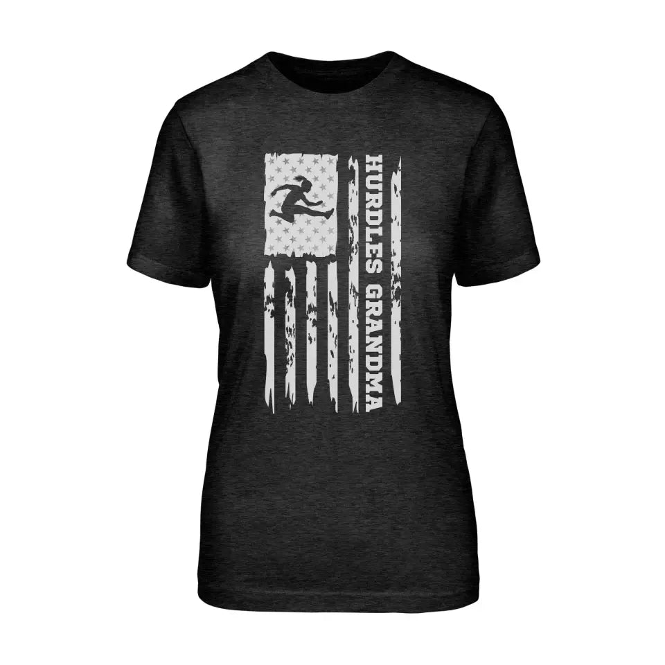 hurdles grandma vertical flag on a unisex t-shirt with a white graphic