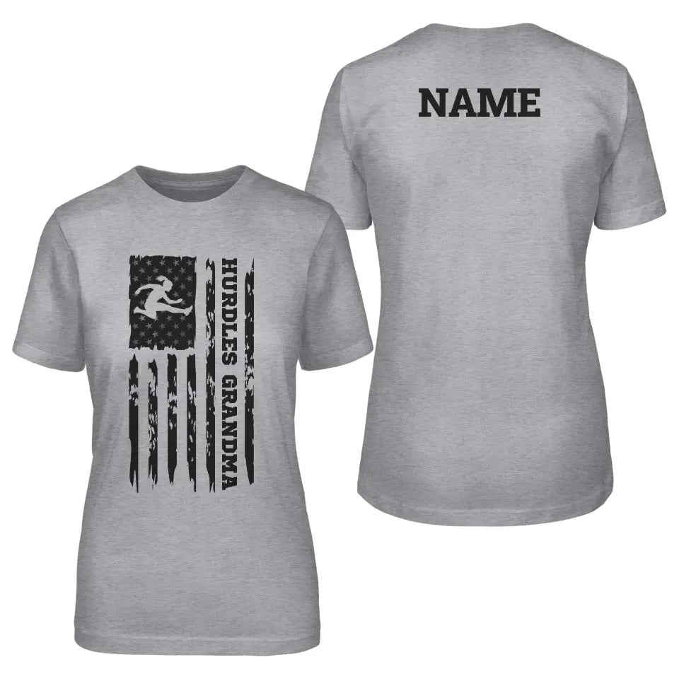 hurdles grandma vertical flag with hurdler name on a unisex t-shirt with a black graphic