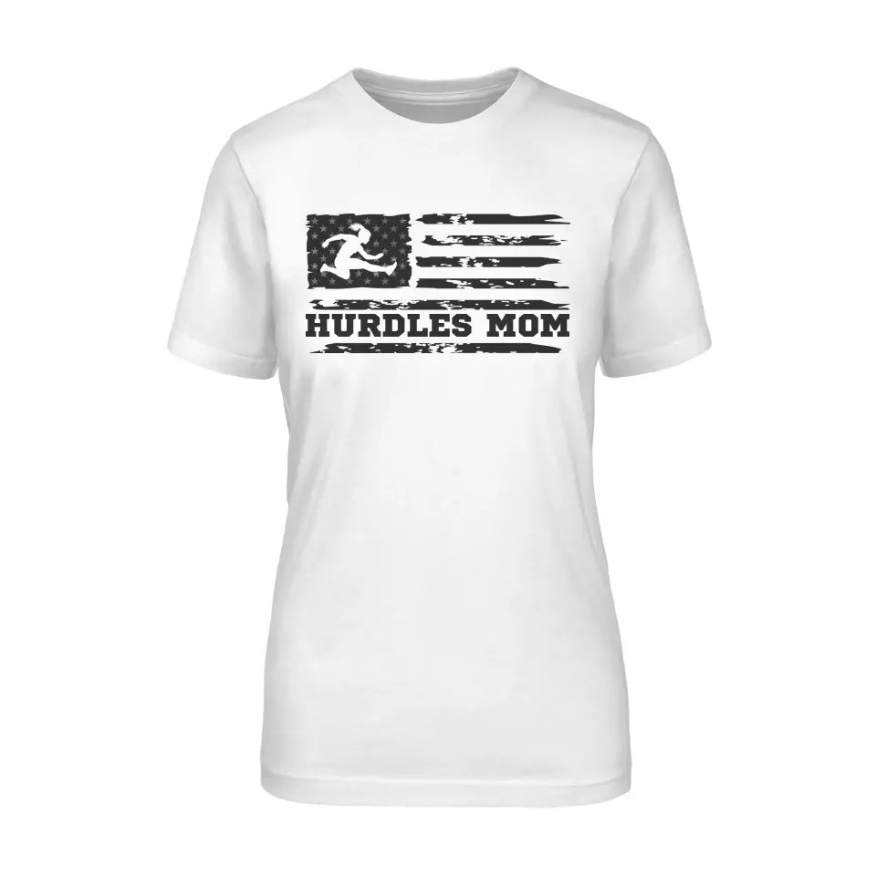 Hurdles Mom Horizontal Flag on a Unisex T-Shirt with a Black Graphic