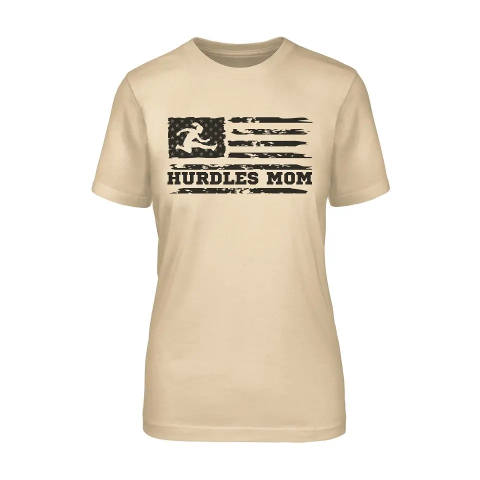 hurdles mom horizontal flag on a unisex t-shirt with a black graphic