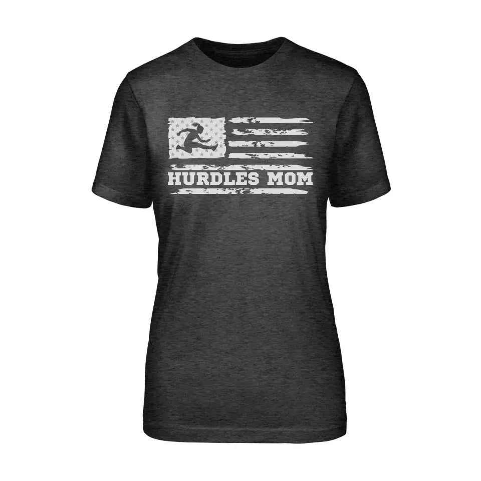 hurdles mom horizontal flag on a unisex t-shirt with a white graphic