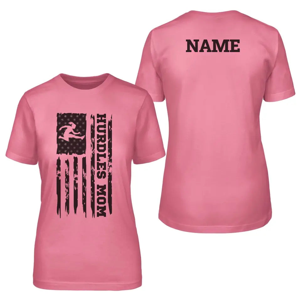 hurdles mom vertical flag with hurdler name on a unisex t-shirt with a black graphic