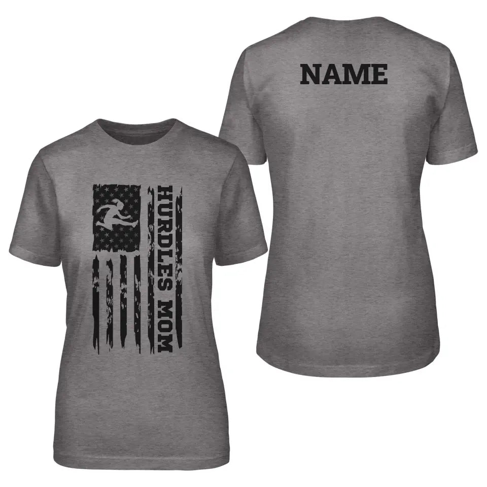 hurdles mom vertical flag with hurdler name on a unisex t-shirt with a black graphic