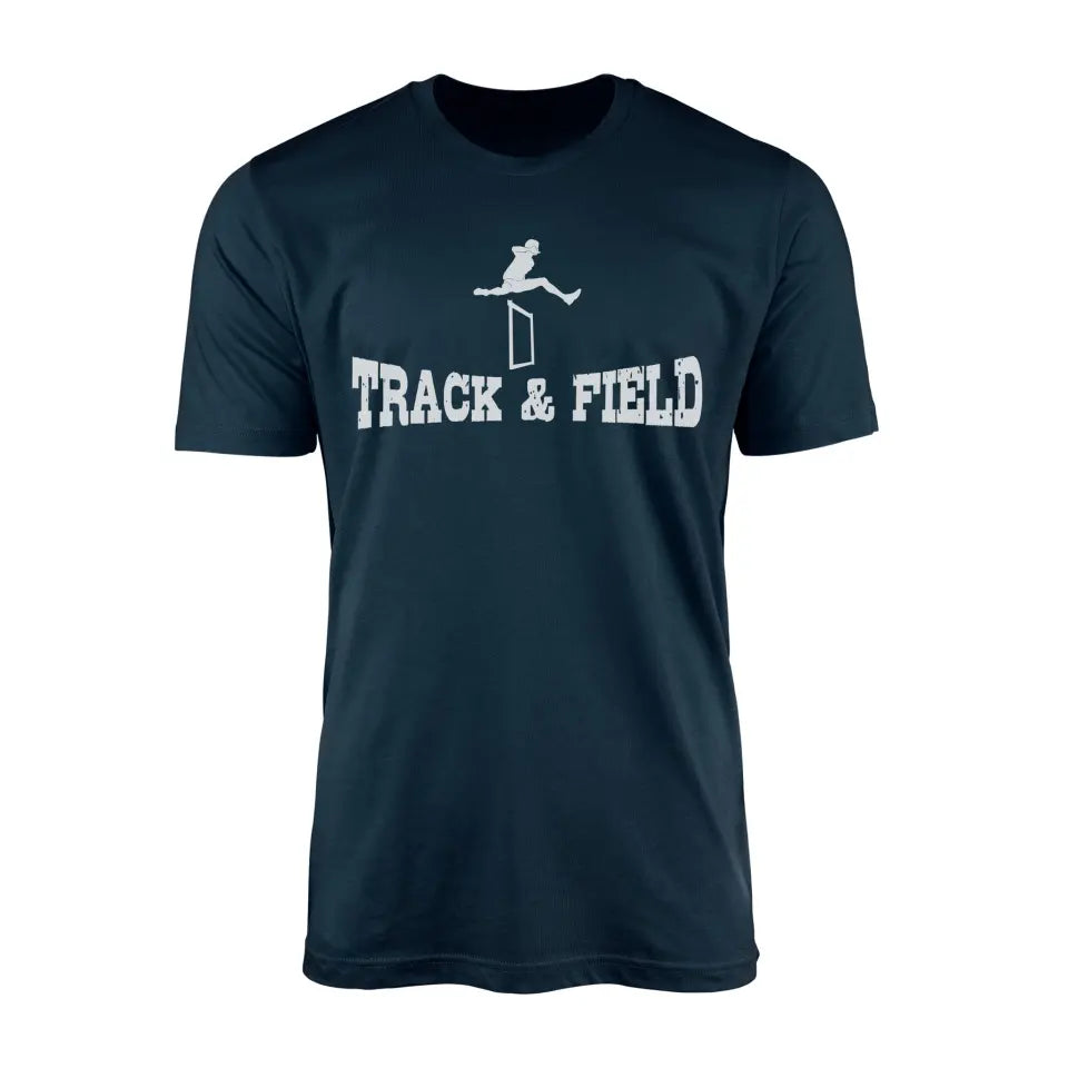 basic hurdles with hurdler icon on a mens t-shirt with a white graphic