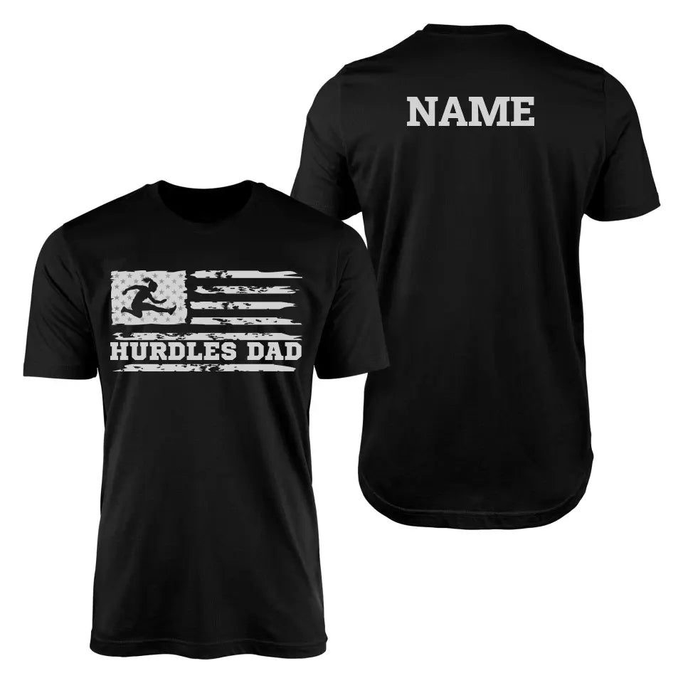 hurdles dad horizontal flag with hurdler name on a mens t-shirt with a white graphic