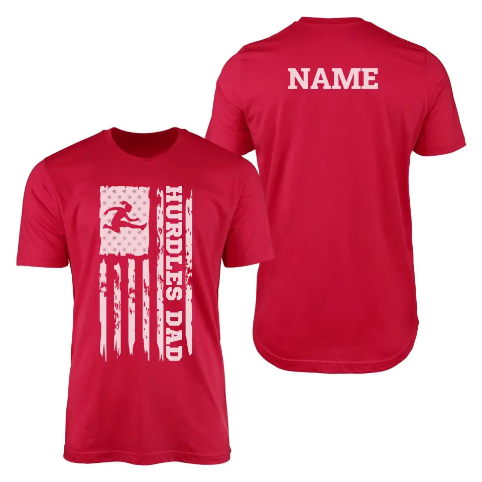 hurdles dad vertical flag with hurdler name on a mens t-shirt with a white graphic