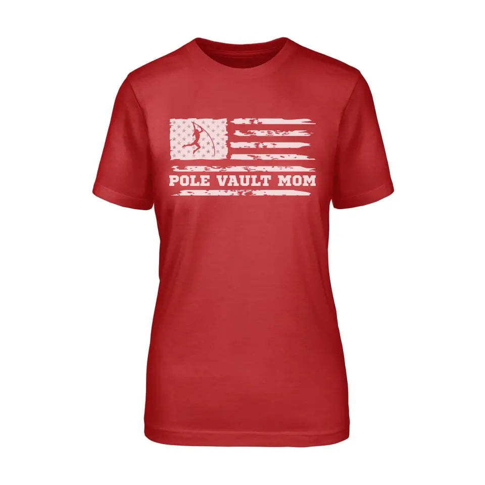 pole vault mom horizontal flag on a unisex t-shirt with a white graphic