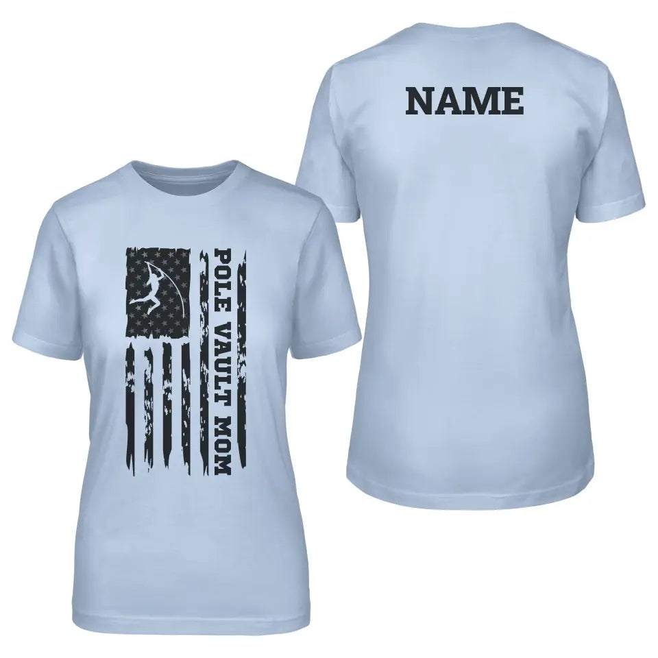 pole vault mom vertical flag with pole vaulter name on a unisex t-shirt with a black graphic