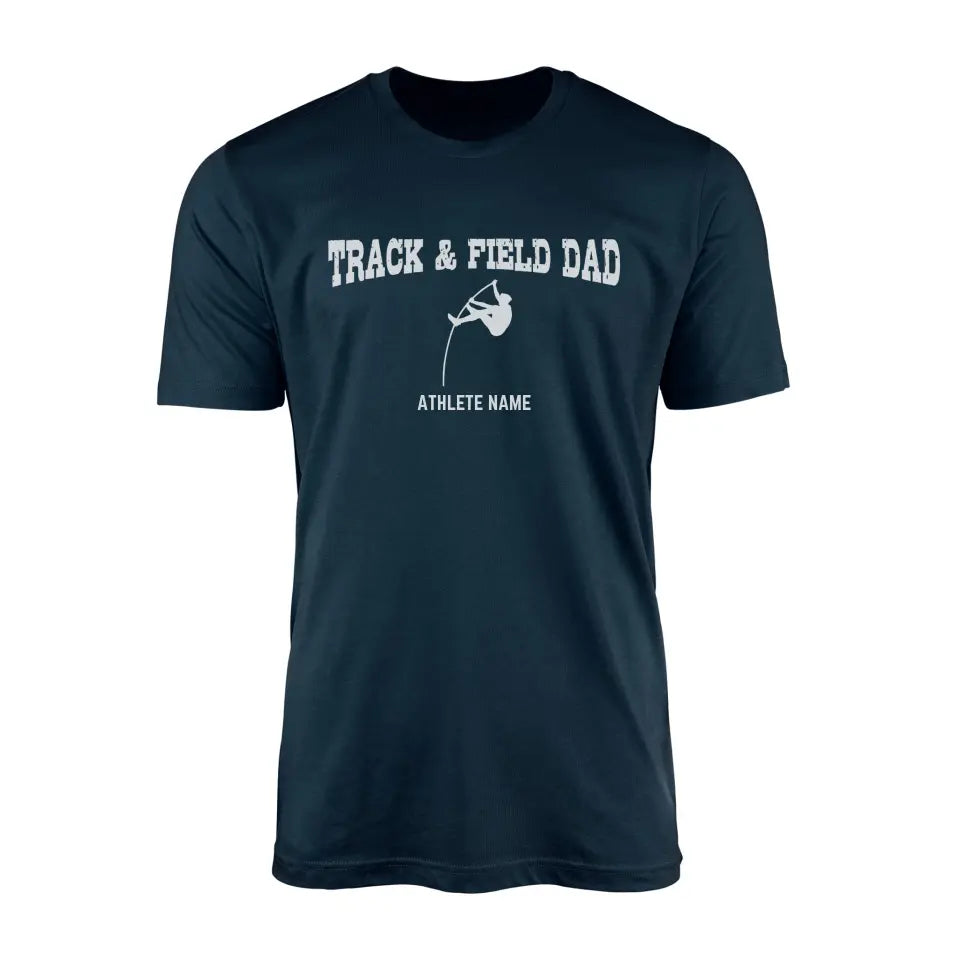 pole vault dad with pole vaulter icon and pole vaulter name on a mens t-shirt with a white graphic