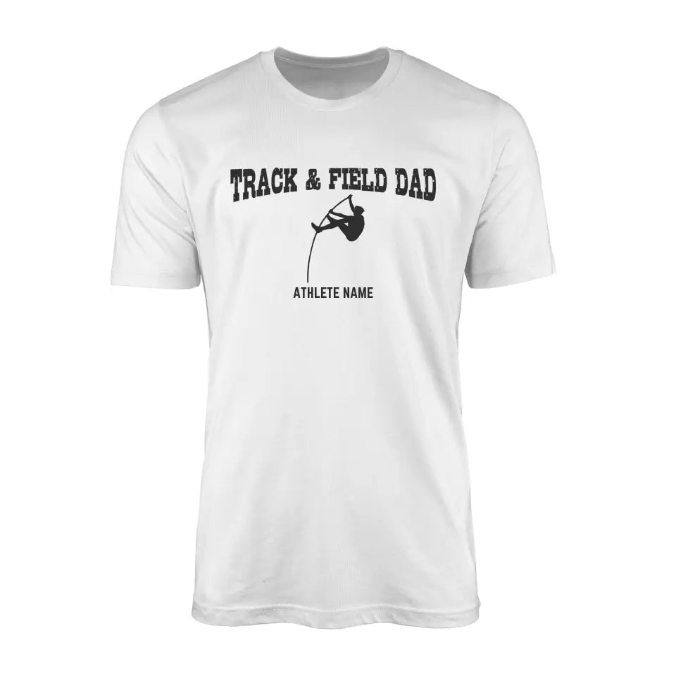 pole vault dad with pole vaulter icon and pole vaulter name on a mens t-shirt with a black graphic