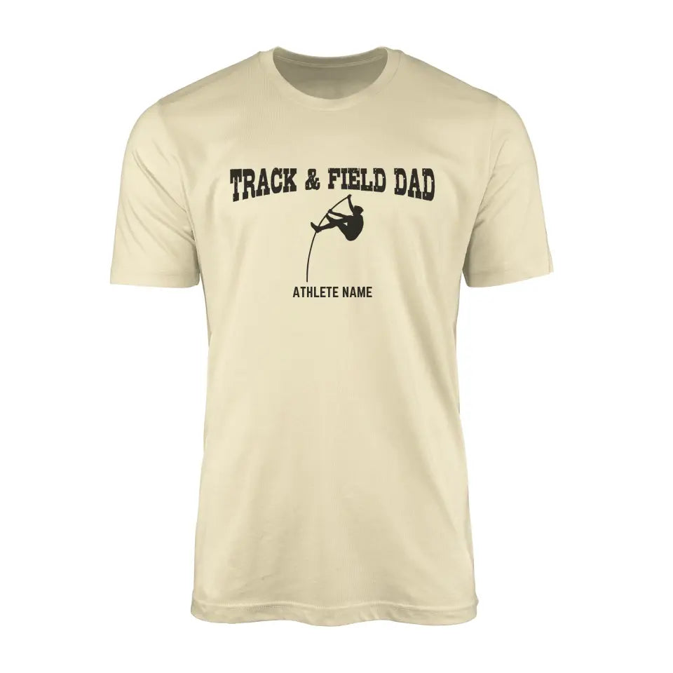 pole vault dad with pole vaulter icon and pole vaulter name on a mens t-shirt with a black graphic