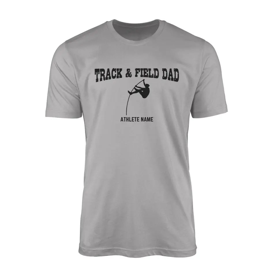 pole vault dad with pole vaulter icon and pole vaulter name on a mens t-shirt with a black graphic