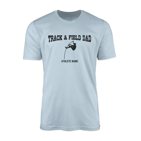 pole vault dad with pole vaulter icon and pole vaulter name on a mens t-shirt with a black graphic