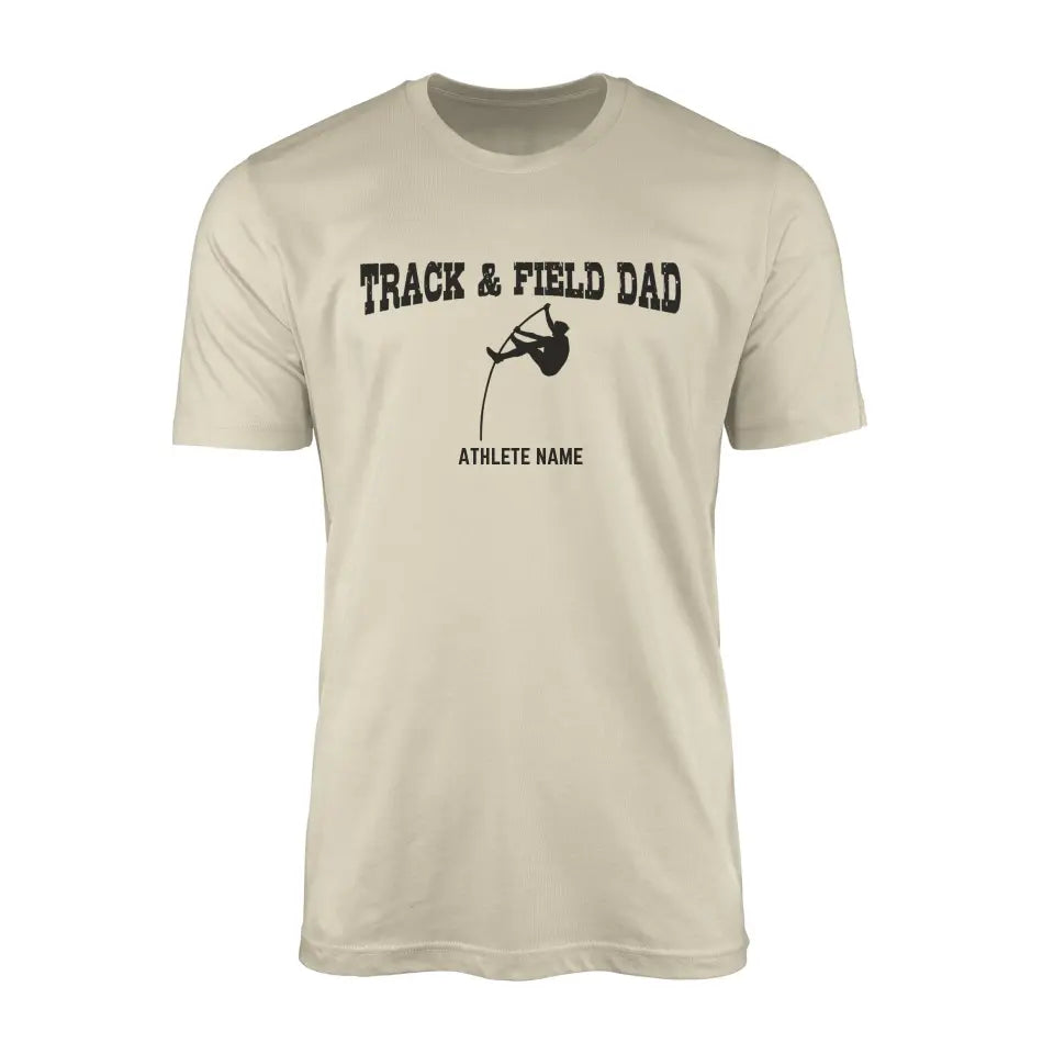 pole vault dad with pole vaulter icon and pole vaulter name on a mens t-shirt with a black graphic