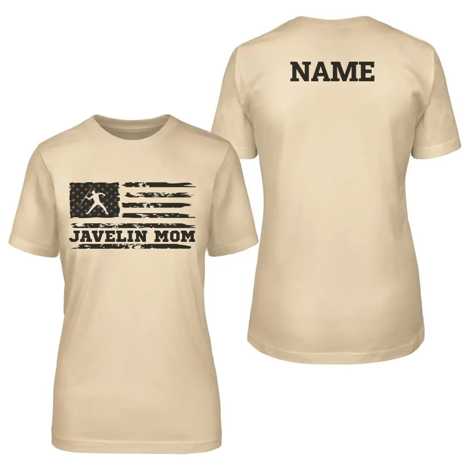 javelin mom horizontal flag with javelin thrower name on a unisex t-shirt with a black graphic