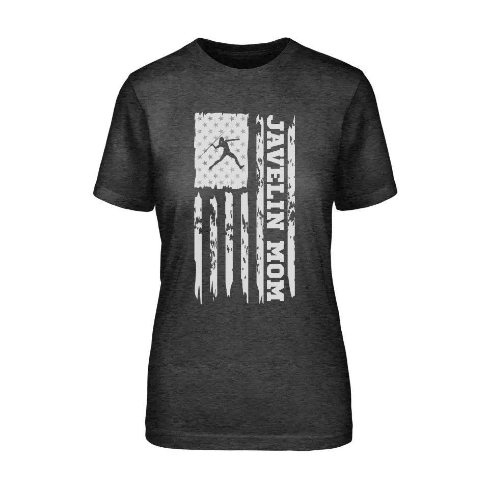 javelin mom vertical flag on a unisex t-shirt with a white graphic