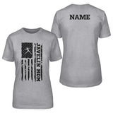 javelin mom vertical flag with javelin thrower name on a unisex t-shirt with a black graphic