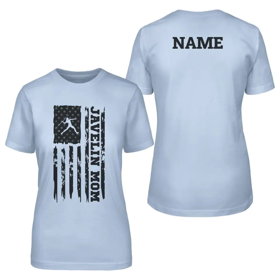 javelin mom vertical flag with javelin thrower name on a unisex t-shirt with a black graphic