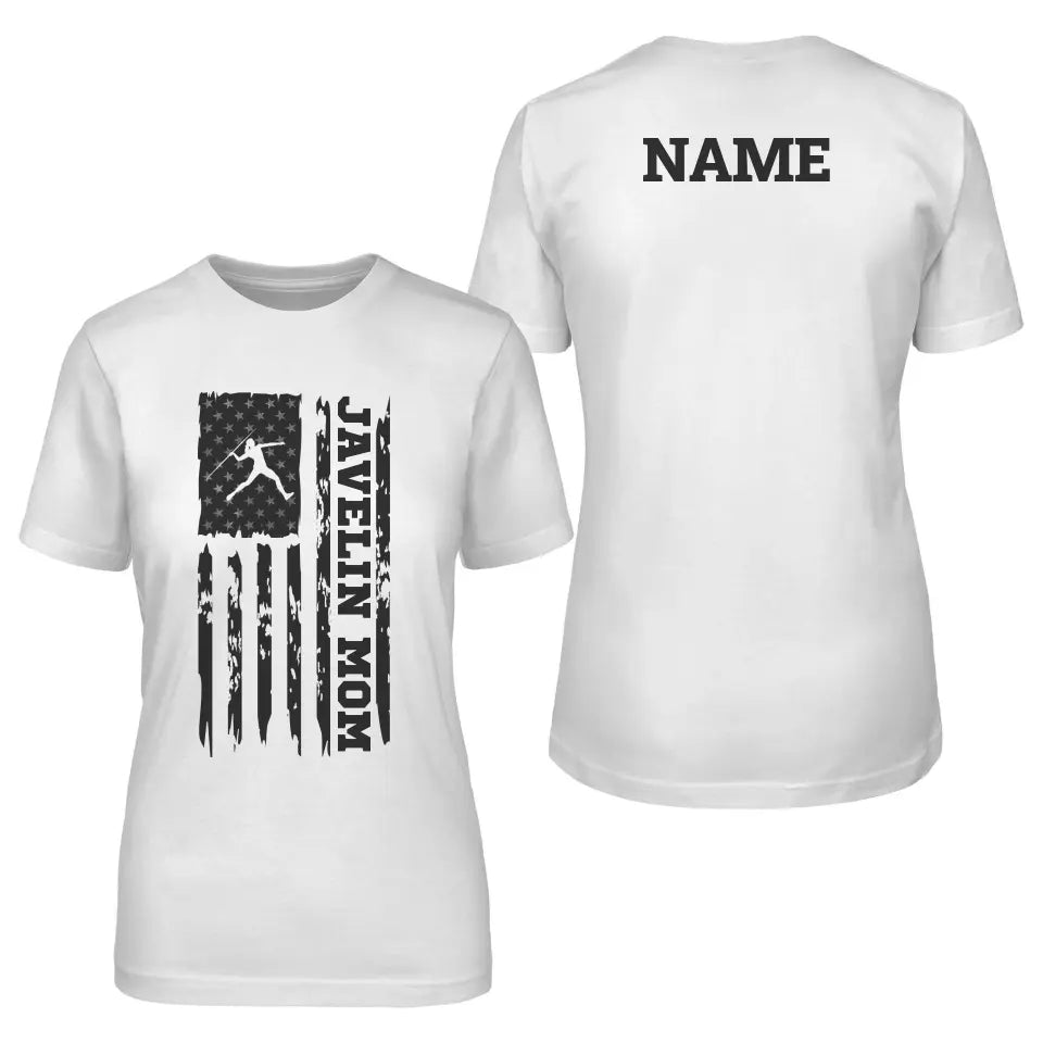 javelin mom vertical flag with javelin thrower name on a unisex t-shirt with a black graphic