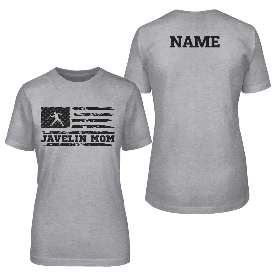 javelin mom horizontal flag with javelin thrower name on a unisex t-shirt with a black graphic