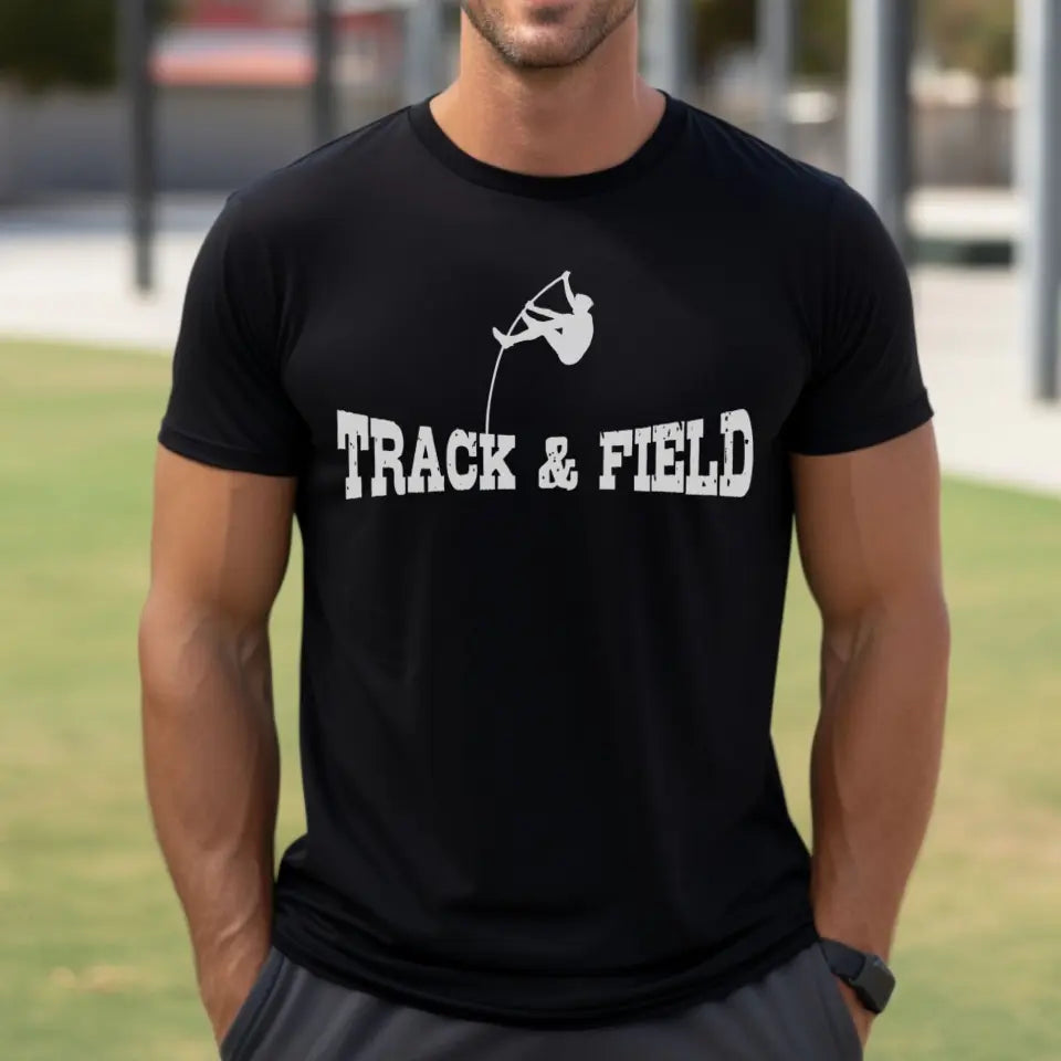 basic pole vault with pole vaulter icon on a mens t-shirt with a white graphic