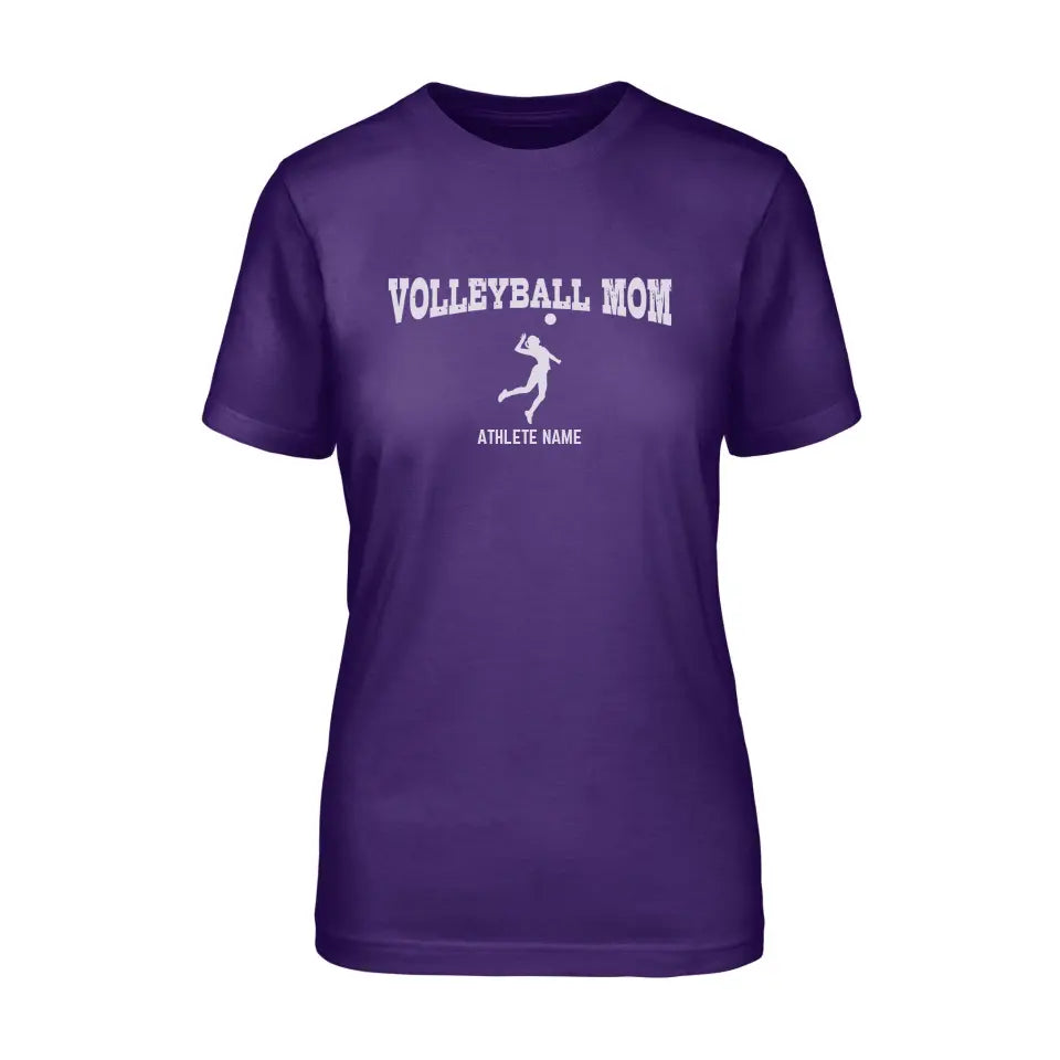 volleyball mom with volleyball player icon and volleyball player name on a unisex t-shirt with a white graphic