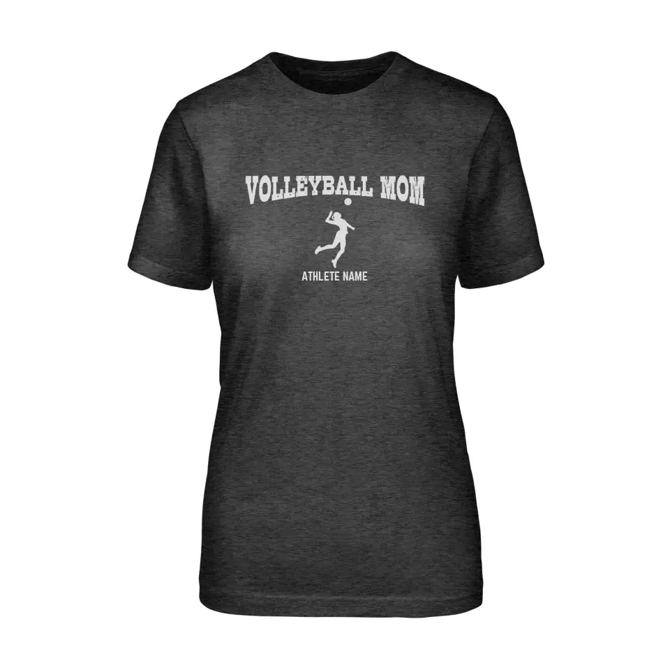 volleyball mom with volleyball player icon and volleyball player name on a unisex t-shirt with a white graphic