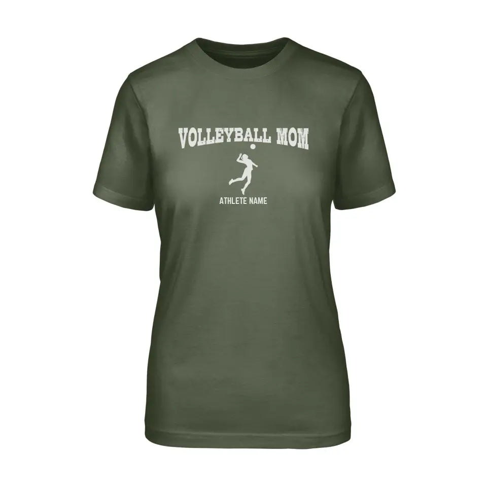 volleyball mom with volleyball player icon and volleyball player name on a unisex t-shirt with a white graphic