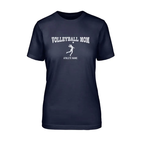 volleyball mom with volleyball player icon and volleyball player name on a unisex t-shirt with a white graphic