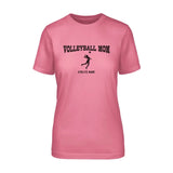 volleyball mom with volleyball player icon and volleyball player name on a unisex t-shirt with a black graphic