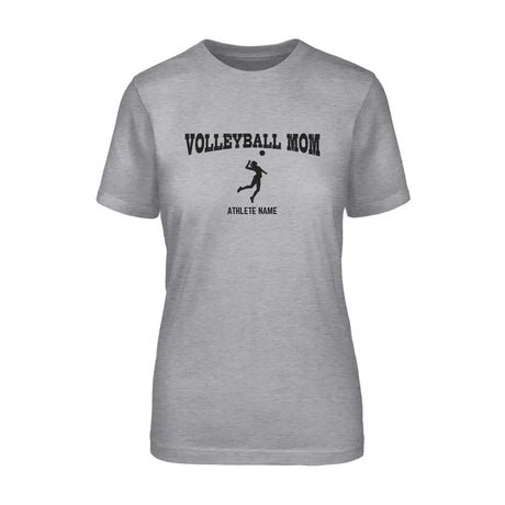 volleyball mom with volleyball player icon and volleyball player name on a unisex t-shirt with a black graphic