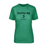 volleyball mom with volleyball player icon and volleyball player name on a unisex t-shirt with a black graphic