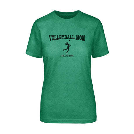 volleyball mom with volleyball player icon and volleyball player name on a unisex t-shirt with a black graphic