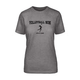 volleyball mom with volleyball player icon and volleyball player name on a unisex t-shirt with a black graphic