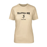 volleyball mom with volleyball player icon and volleyball player name on a unisex t-shirt with a black graphic