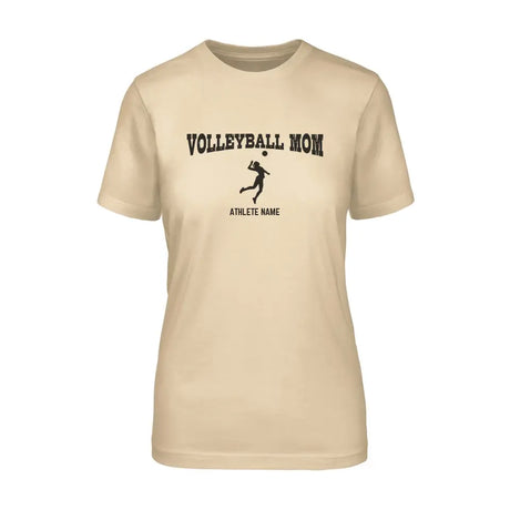 volleyball mom with volleyball player icon and volleyball player name on a unisex t-shirt with a black graphic