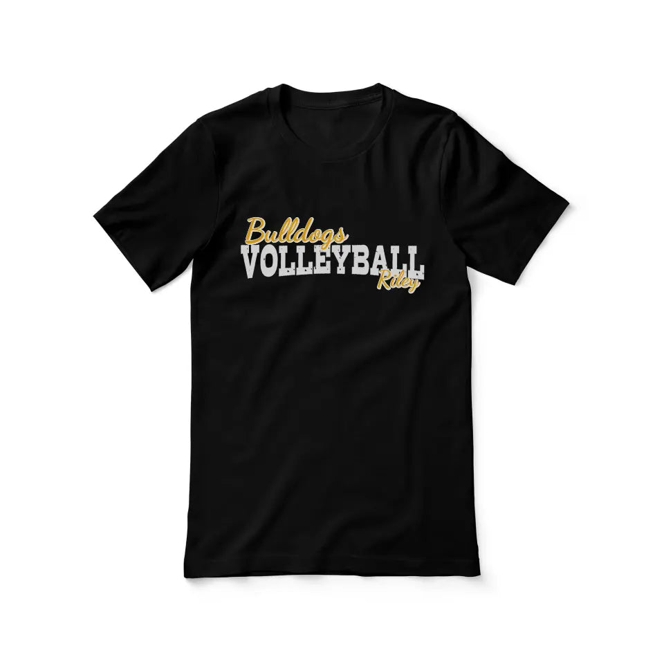 custom volleyball mascot and volleyball player name on a unisex t-shirt with a white graphic