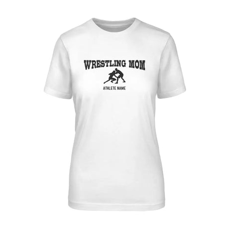 wrestling mom with wrestler icon and wrestler name on a unisex t-shirt with a black graphic