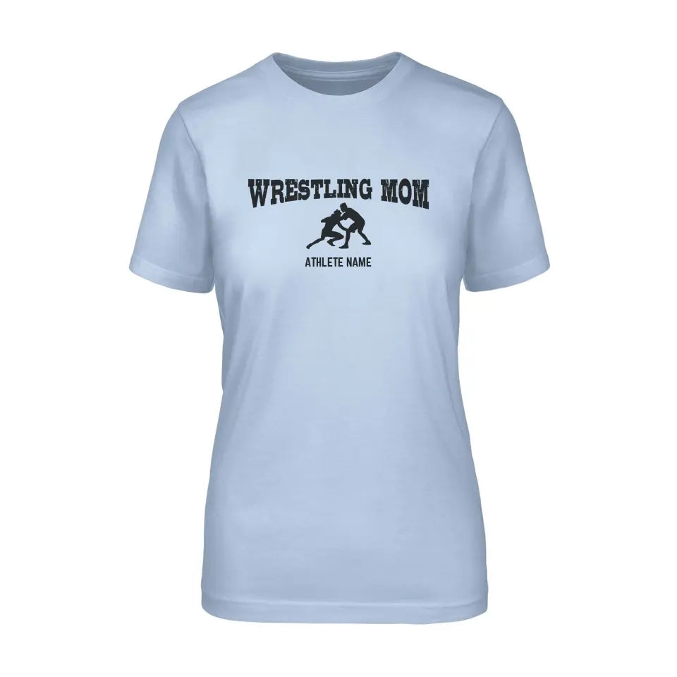 wrestling mom with wrestler icon and wrestler name on a unisex t-shirt with a black graphic