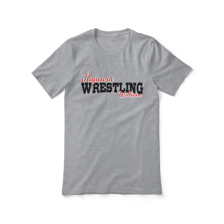 custom wrestling mascot and wrestler name on a unisex t-shirt with a black graphic