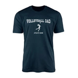 volleyball dad with volleyball player icon and volleyball player name on a mens t-shirt with a white graphic