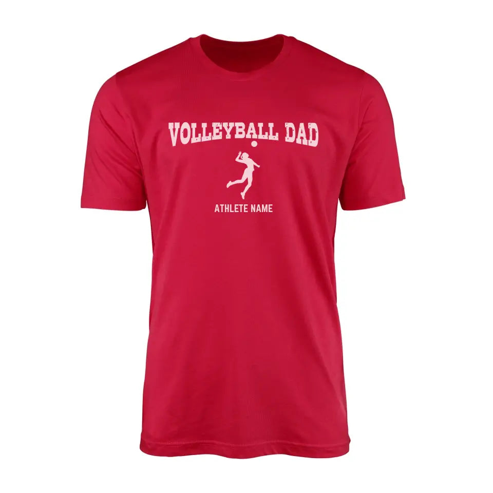 volleyball dad with volleyball player icon and volleyball player name on a mens t-shirt with a white graphic