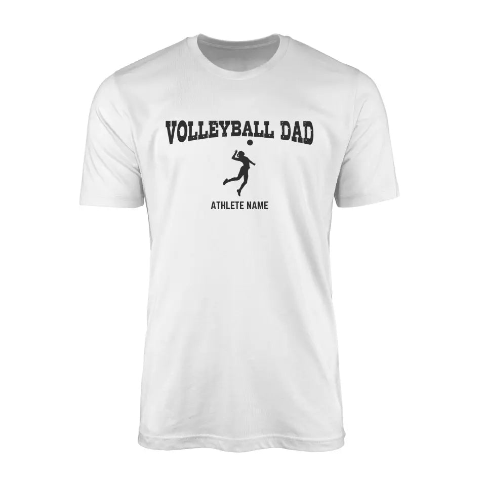 volleyball dad with volleyball player icon and volleyball player name on a mens t-shirt with a black graphic