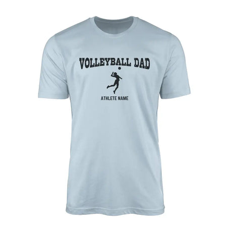 volleyball dad with volleyball player icon and volleyball player name on a mens t-shirt with a black graphic