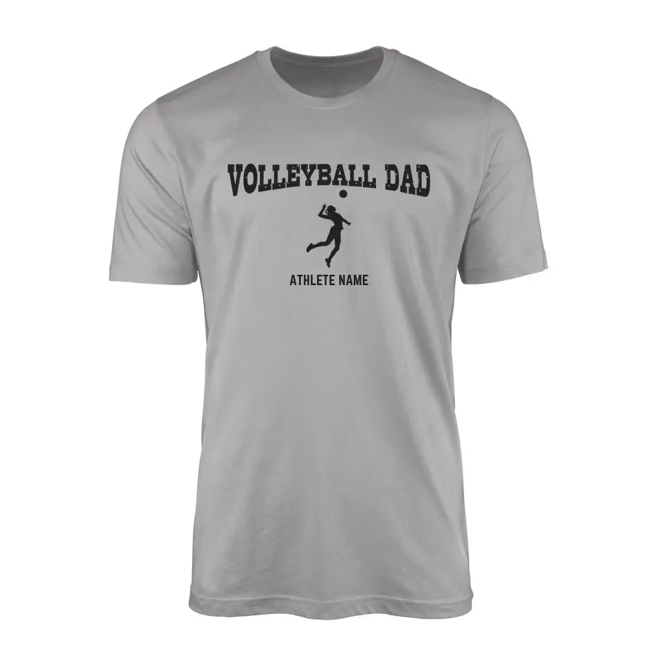 volleyball dad with volleyball player icon and volleyball player name on a mens t-shirt with a black graphic