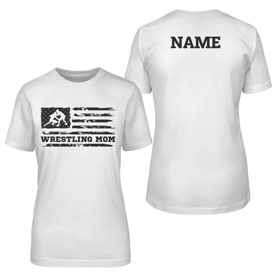 wrestling mom horizontal flag with wrestler name on a unisex t-shirt with a black graphic