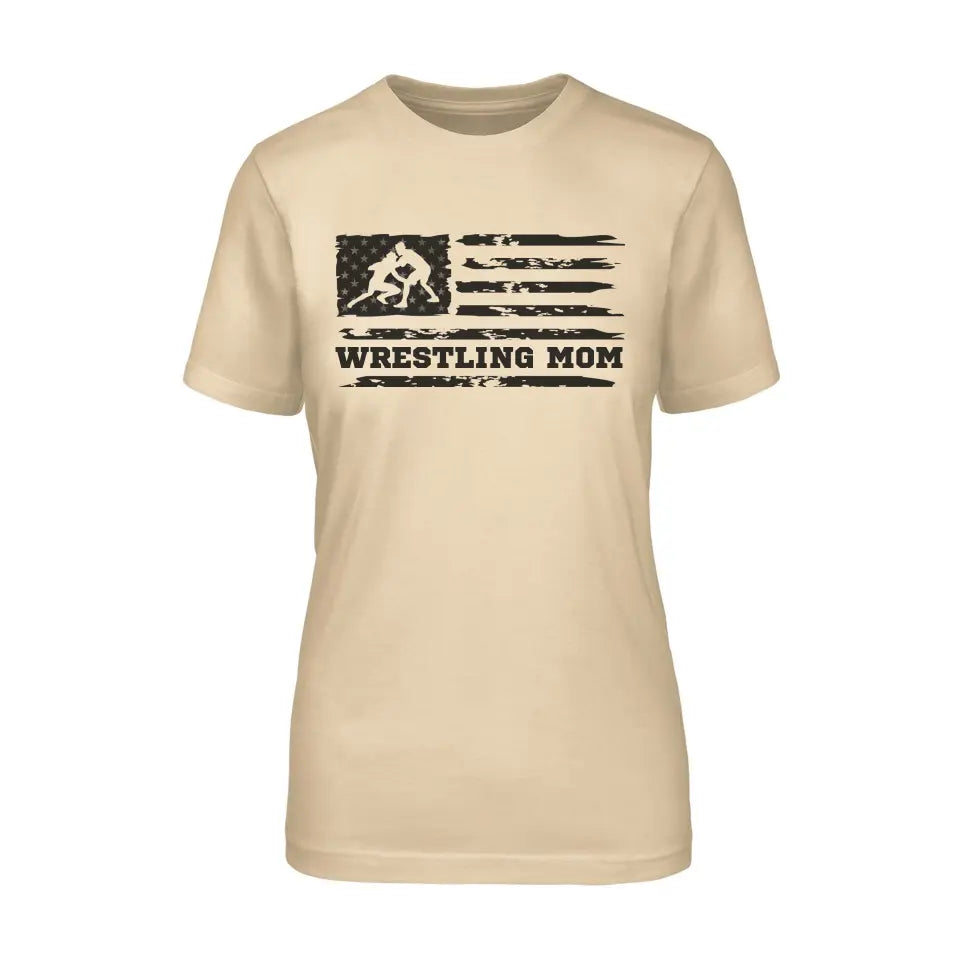 wrestling mom horizontal flag on a unisex t-shirt with a black graphic