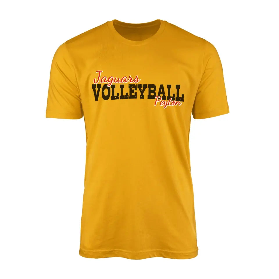 custom volleyball mascot and volleyball player name on a mens t-shirt with a black graphic