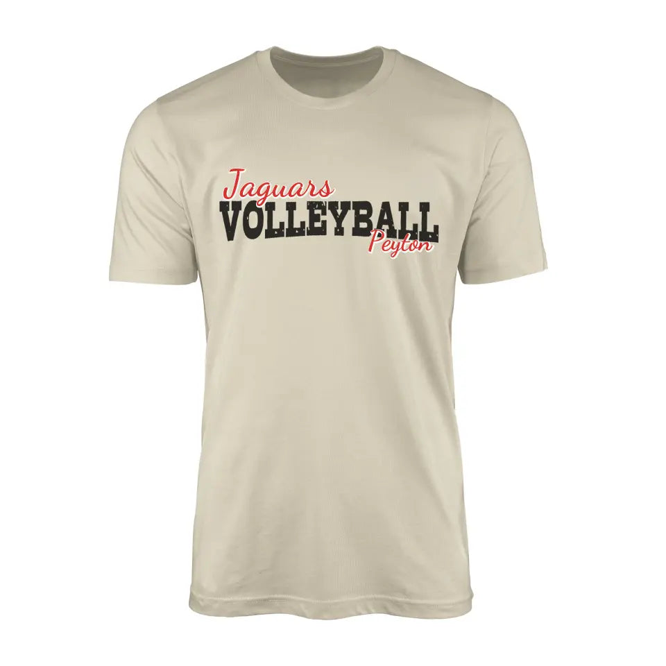 custom volleyball mascot and volleyball player name on a mens t-shirt with a black graphic