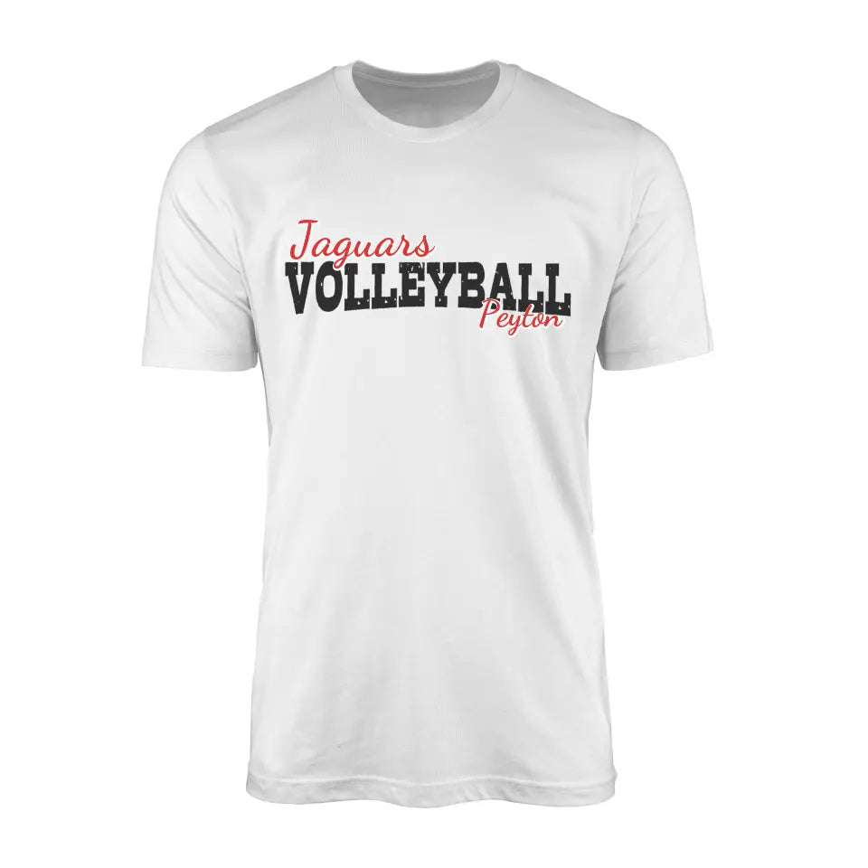 custom volleyball mascot and volleyball player name on a mens t-shirt with a black graphic